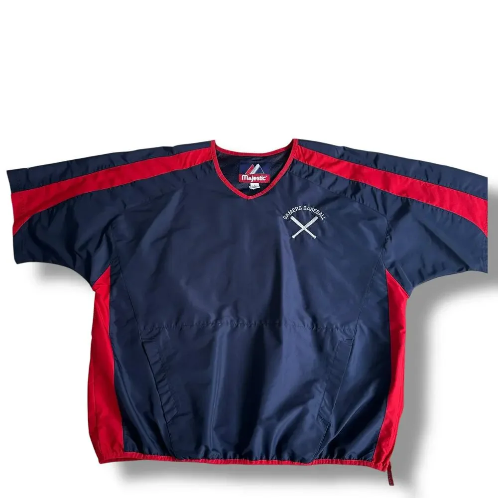 Vtg Majestic Baseball Top Warm Up Pullover Gamers Short Sleeved Blue Red Size L